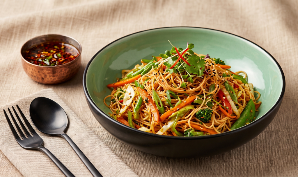 Chilli Garlic Twisters – Noodles tossed in bold chilli-garlic sauce with crunch - a (Pure Veg, The Noodle Hood) | Desi Chef Restaurant, Bengaluru