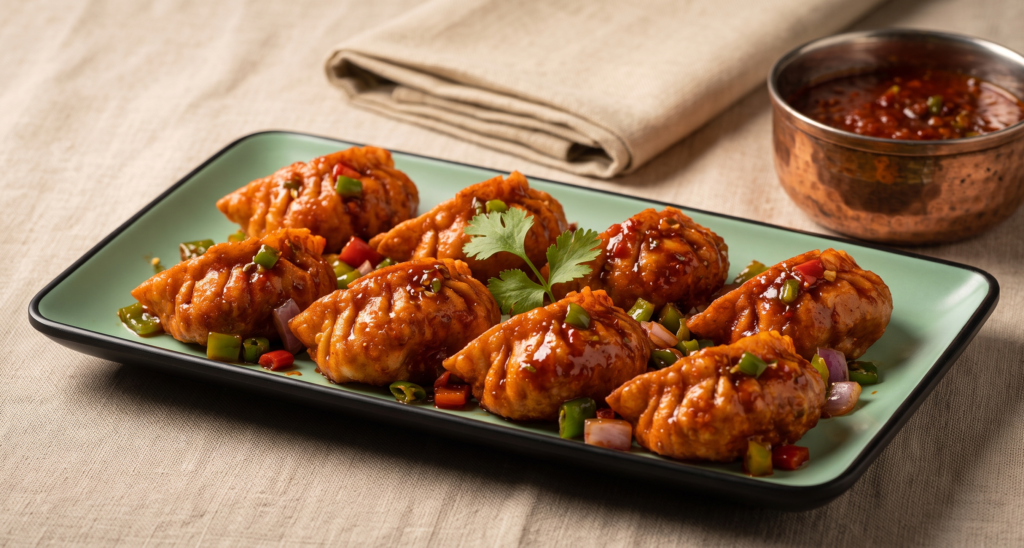 Chilli Momo – Fried momos tossed in spicy chilli sauce. (Pure Veg, Momos & Rolls) | Desi Chef Restaurant, Bengaluru