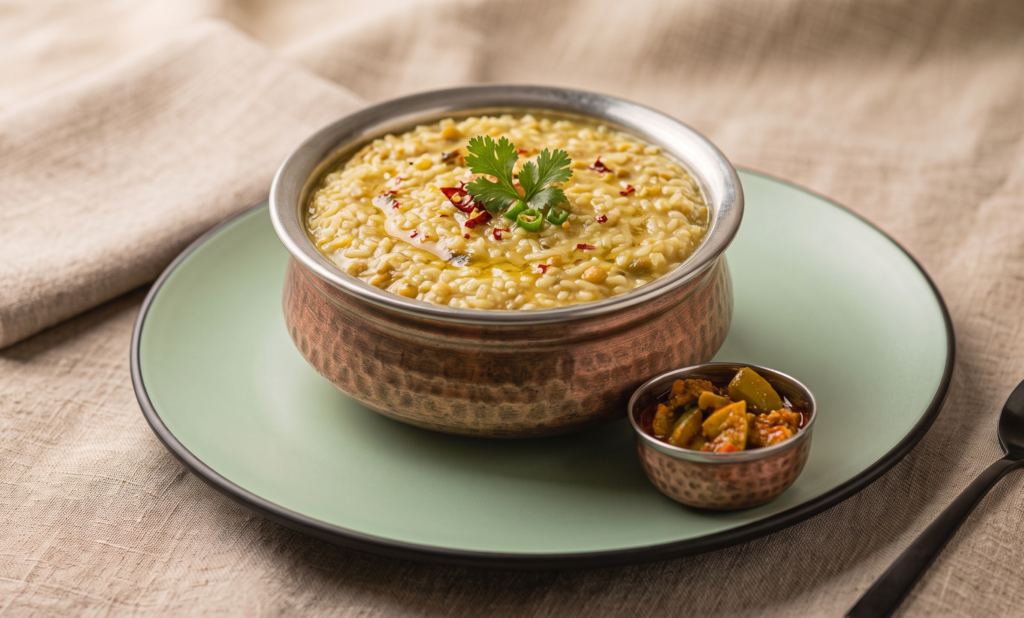 ಘರ್ ಕಿ ದಾಲ್ ಖಿಚಡಿ – ತುಪ್ಪ ಮತ್ತು ಕನಿಷ್ಠ ಮಸಾಲೆಗಳೊಂದಿಗೆ ಮನಸ್ಸಿಗೆ ಮುದ ನೀಡುವ ಮೂಂಗ್ ದಾಲ್ ಖಿಚಡಿ. (Pure Veg, ಚಾವಲ್ ಕ್ರಾನಿಕಲ್ಸ್) | Desi Chef Restaurant, Bengaluru