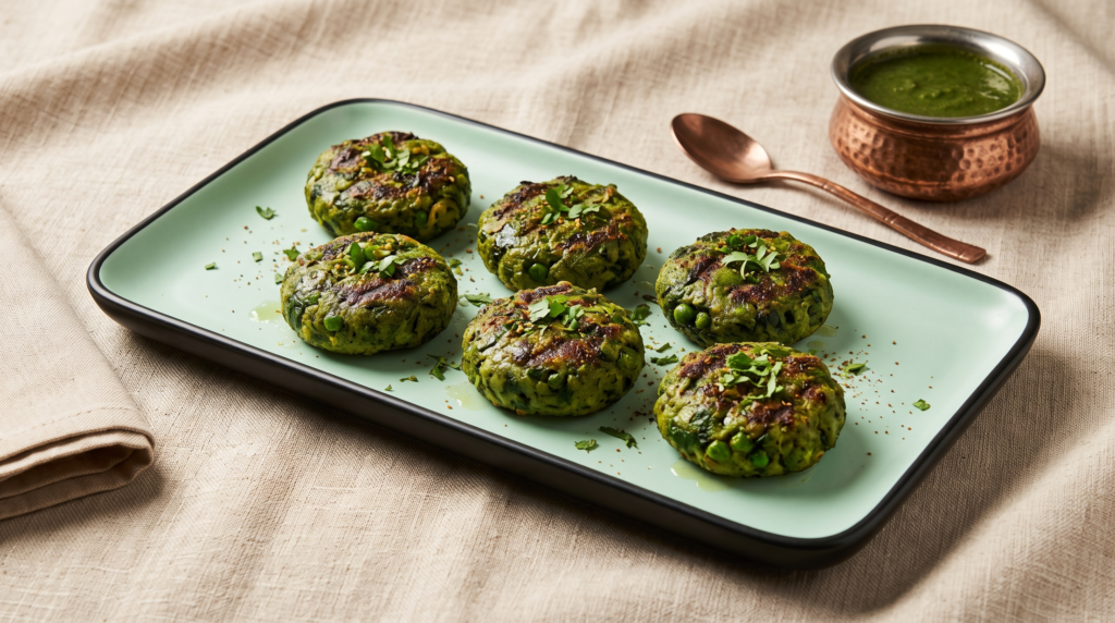 Hara Bhara Nawabi Tikka – Spinach, peas & spices blended into a crisp green kebab (Pure Veg, Tandoor Se Teekha Pyaar) | Desi Chef Restaurant, Bengaluru