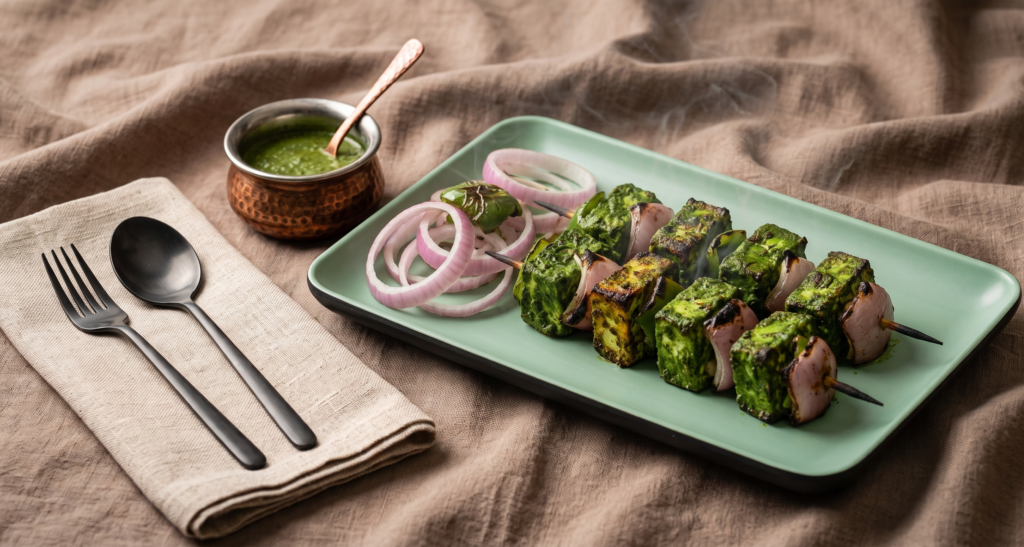 Pahadi Wala Paneer Tikka – Smoky, earthy paneer marinated in mountain herbs - straight from (Pure Veg, Tandoor Se Teekha Pyaar) | Desi Chef Restaurant, Bengaluru