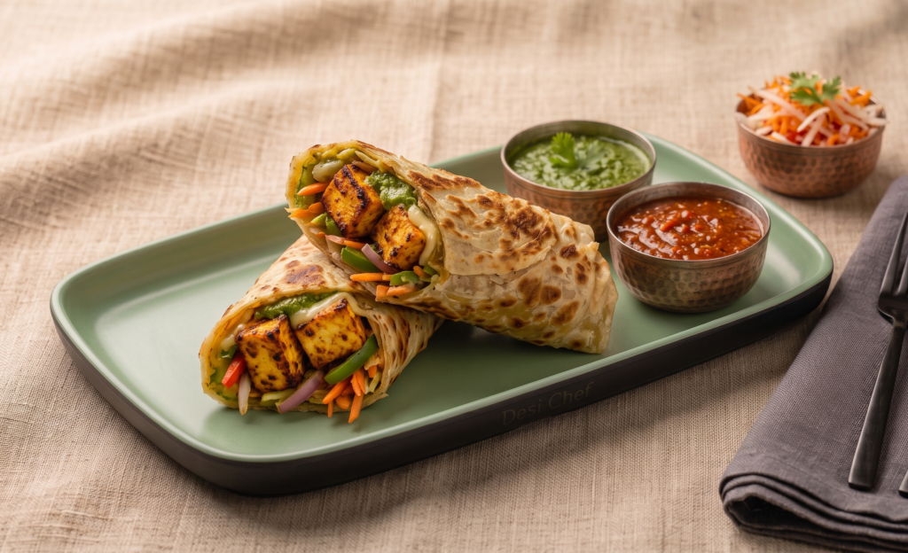 Paneer Kathi Roll – Spiced paneer wrapped in a soft paratha roll. (Pure Veg, Momos & Rolls) | Desi Chef Restaurant, Bengaluru