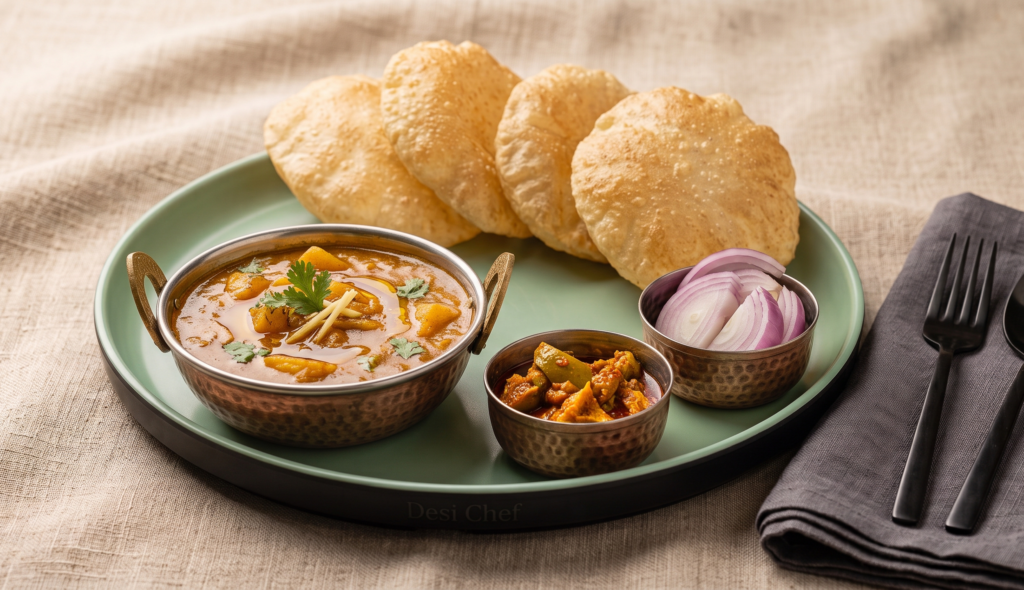 Puri Sabji – Soft, deep-fried puris served with a flavourful, spiced vegetable curry. (Pure Veg, Desi Breakfast Classics) | Desi Chef Restaurant, Bengaluru