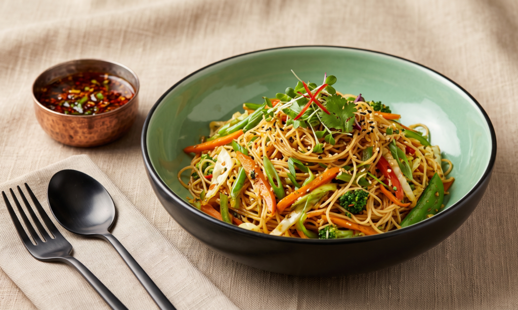 Singapore Spice Strings – Thin noodles in a sweet-spicy sauce with sautéed veggies - (Pure Veg, The Noodle Hood) | Desi Chef Restaurant, Bengaluru