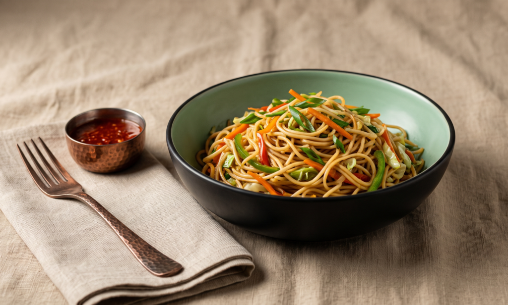 Street Style Hakka Noodles – Wok-tossed noodles with fresh veggies & mild soy flavor - (Pure Veg, The Noodle Hood) | Desi Chef Restaurant, Bengaluru
