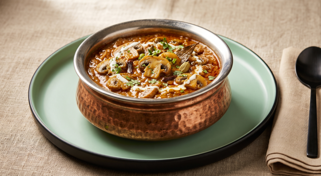 Tangy Mushroom Tari – Mushrooms simmered in a tangy onion-tomato masala. (Pure Veg, Chef Ki Shaan — Signature Curries) | Desi Chef Restaurant, Bengaluru