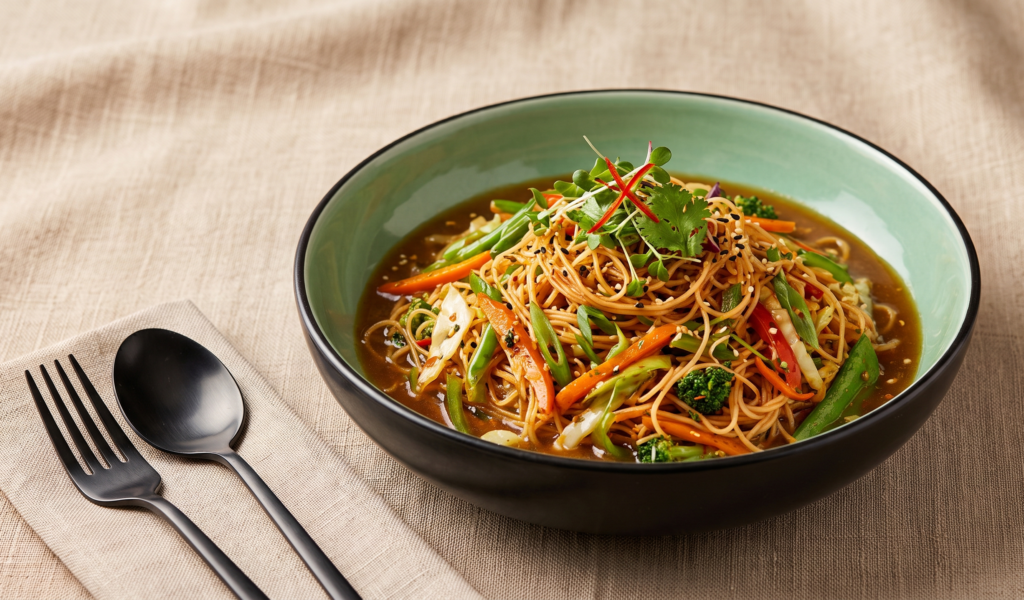 Wok Slurpy Noodles – Soft noodles tossed in a savoury Chinese-style gravy - warm, (Pure Veg, The Noodle Hood) | Desi Chef Restaurant, Bengaluru